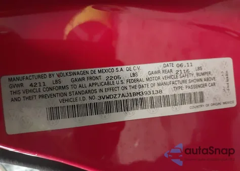 2011 Volkswagen Jetta 2.5L Se z USA, uszkodzony, nr VIN 3VWDZ7AJ1BM393138